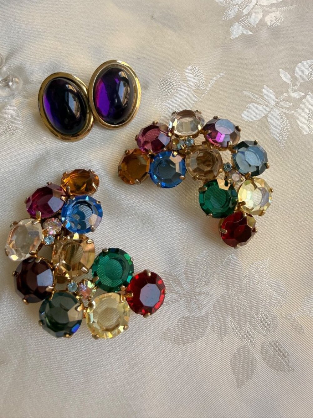 Vintage Multicolor Faceted Faux Gems & Purple Oval Clip-on Gold-Tone Earrings